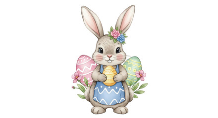 Obraz premium Easter bunny holding egg with floral crown and decorated eggs, spring illustration