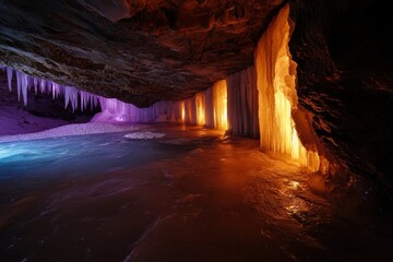 Stunning ice cave illuminated with vibrant colors in a remote location