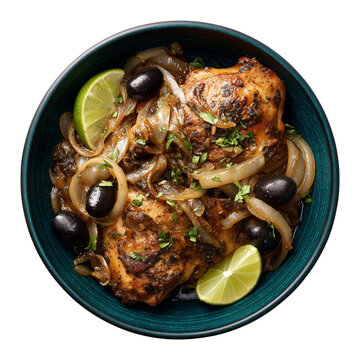 top view of senegalese chicken yassa with caramelized onions and olives in dark teal bowl