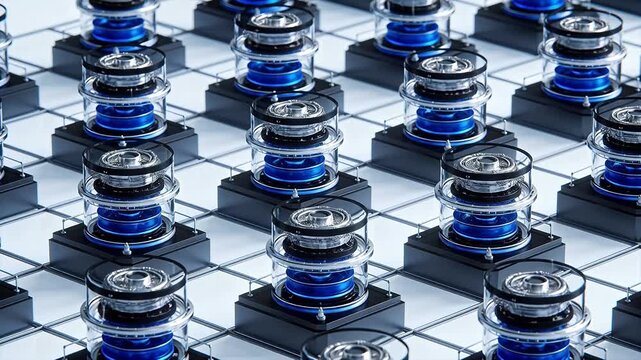 Array of blue and black cylindrical devices on grid platform