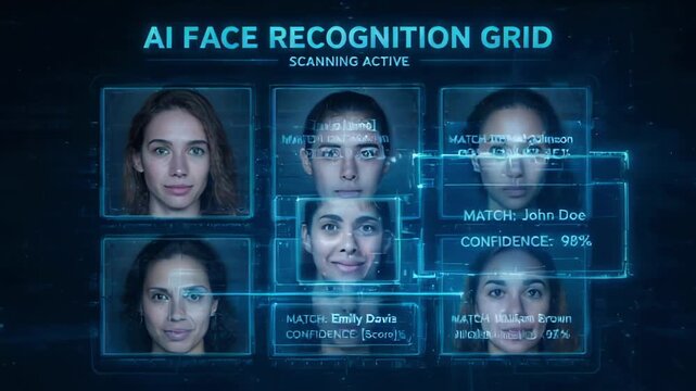 AI Face Recognition Grid Showing Biometric Scan Mosaic in Futuristic Interface.