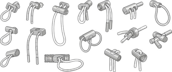 drawstring stopper cad drawing set, cord lock fashion hardware template, technical apparel accessory outline, flat vector illustration isolated collection design © MILI(MH)