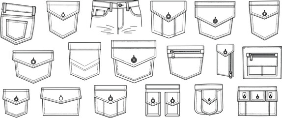 denim pocket cad drawing set, jeans pocket technical template collection, garment detail outline, flat vector illustration isolated fashion design kit