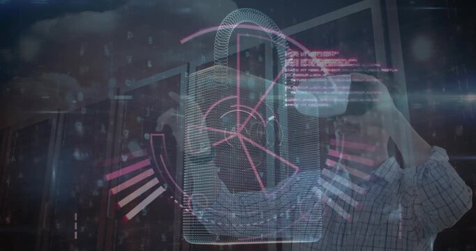 Round scanner and security padlock icon against caucasian man wearing vr headset at server room