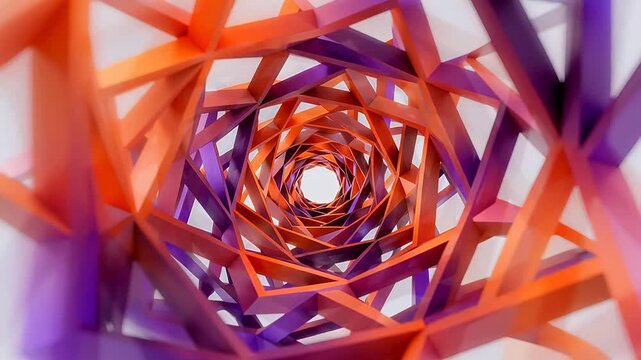 Orange and purple polygonal spiral structure creating tunnel depth with spatial extension