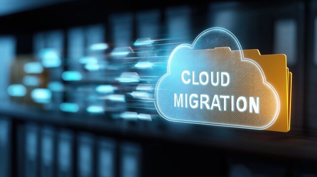 Digital cloud migration concept with data transfer and futuristic technology elements