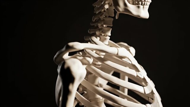 Close up of the Human Thoracic Cage and Spine With Sternum and Ribs Anatomical Model Lit With Dramatic Lighting on a Dark Background