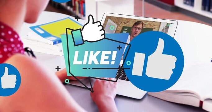 Animation of online digital icons over caucasian woman using computer