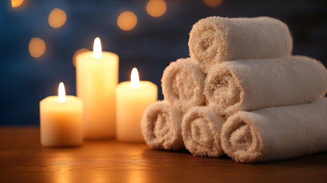 Spa Day Serenity: A stack of plush, rolled towels sits beside a collection of softly glowing candles, inviting a sense of peace and relaxation, perfect for a spa day experience.