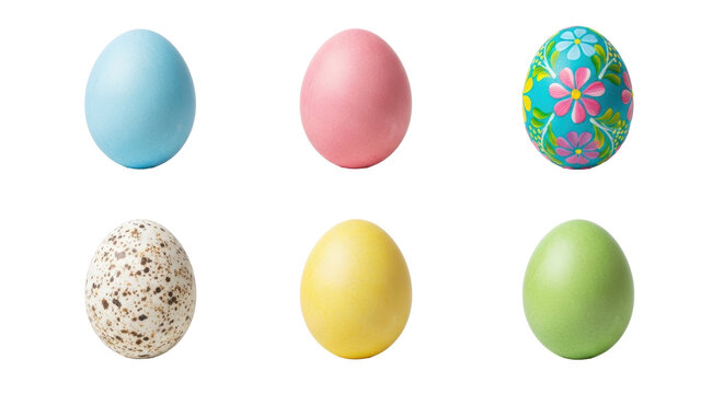 Row of colorful decorated and speckled Easter eggs on white background