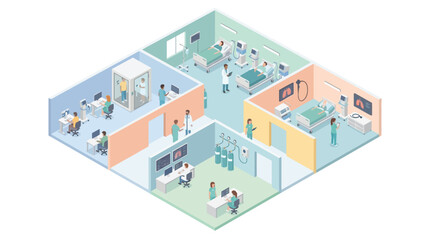 Fototapeta premium Modern Isometric Hospital Interior Vector Illustration with Doctors, Nurses, and Patients in Clinical Ward, ICU, and Medical Office for Healthcare Management and Patient Care Services