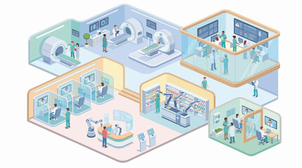 Isometric Smart Hospital Illustration Featuring MRI Scanners, Robotic Pharmacy Automation, Telemedicine Cubicles, and Medical Data Monitoring for Digital Healthcare Innovation and Efficiency