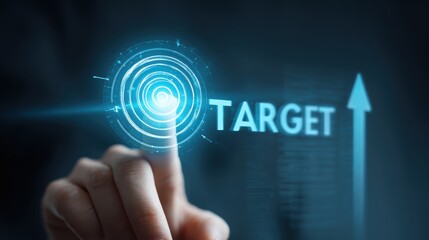Fototapeta premium Hand touching a futuristic digital target interface with an upward trending arrow