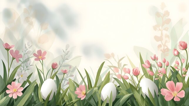 Elegant easter eggs surrounded by soft spring blossoms