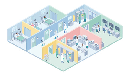 Fototapeta premium Isometric Hospital Interior Vector with Medical Staff, Patient Care Rooms, and Clinical Laboratory. Modern Healthcare Facility Management, Medicine Research, and Clinic Infrastructure Concept.