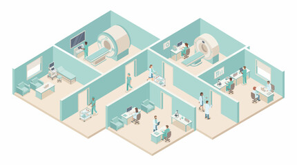 Modern Medical Facility Floor Plan with MRI Suites, Research Lab, and Consultation Offices. Healthcare Professionals Working in a Teal Isometric Vector Illustration.