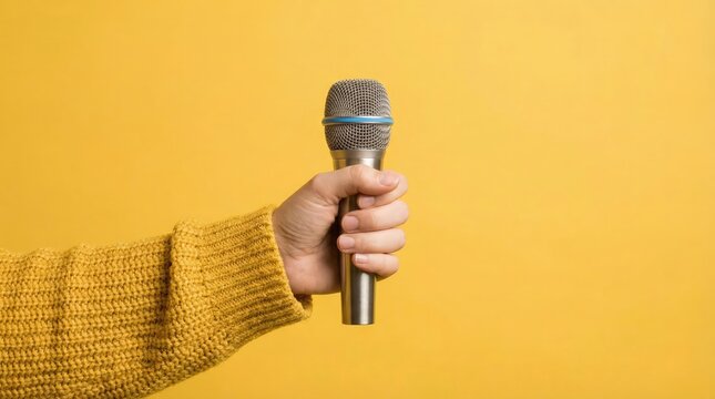 hand holding microphone over yellow background, panoramic mock up image broadcasting, announcement, announce, background, audio, clipping, cable