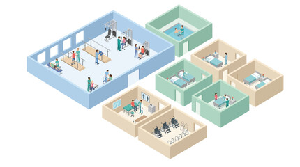 Obraz premium Isometric Hospital Rehabilitation Center Layout with Physiotherapy Clinic, Patient Rooms, and Hydrotherapy Pool for Healthcare Facility Planning and Medical Infographics
