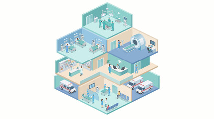 Fototapeta premium Isometric Hospital Interior with Medical Departments, Operating Room, MRI Scan, Patient Ward and Pharmacy, Professional Healthcare Services and Medical Staff Illustration