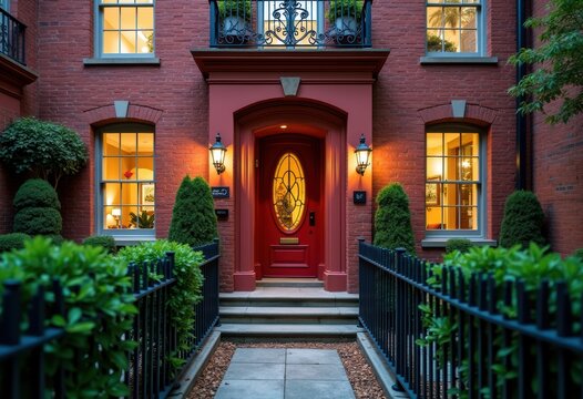 Charming Red Brick Townhouse Exterior with Historical Authenticity, Gracious Iron Railings, and Warm Teak Accents
