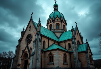 Obraz premium Copper Roof Cathedral Exterior Green Patina Gothic Architecture Cloudy Sky Majestic Structure