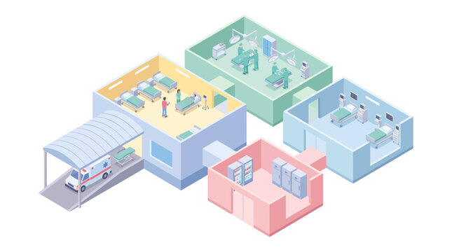 Isometric Hospital Building Interior Layout with Operating Room, Patient Ward, Intensive Care Unit, and Ambulance Entrance. Professional Healthcare and Medical Facility Infographic Vector.