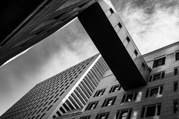 連結ブリッジが交差する都市建築のモノクロ構図