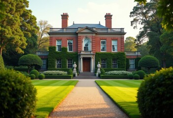 Obraz premium Georgian Mansion Symmetrical Brick Structure Lush Lawn Extravagance Classical Elegance