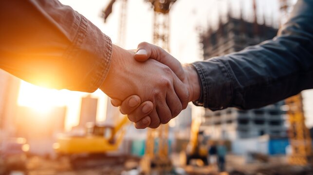 Two individuals shake hands on a construction site during sunset, symbolizing a successful partnership in the building industry