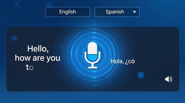 Interactive voice assistant interface with a microphone icon and multilingual greeting on a blue digital display.