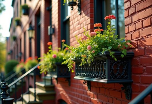 Historic Red Brick Townhouse with Charming Iron Railings in Vibrant Historic District Highlighting Architectural Heritage