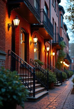 Historic Red Brick Townhouse with Ornamental Iron Railings in Charming Urban District