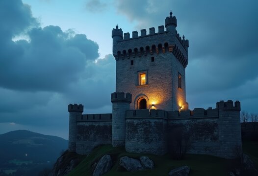 Majestic Stone Watchtower on Medieval City Wall at Dusk with Dramatic Clouds