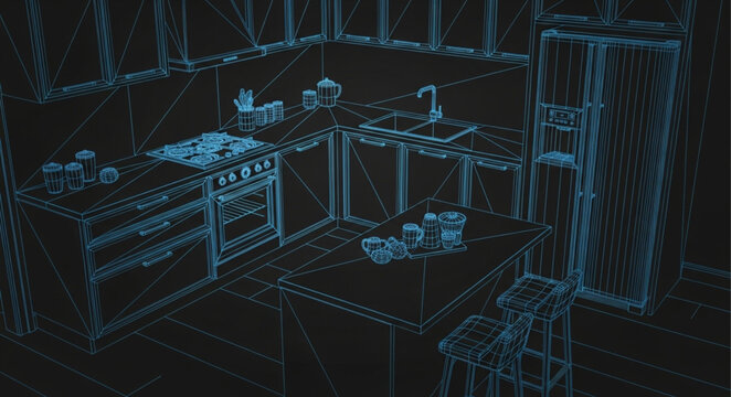 Wireframe kitchen interior design with appliances and cabinets.