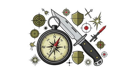 Naklejka premium Survival gear including compass knife and targets.