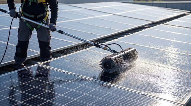 Worker cleans solar panels on a sunny rooftop using a specialized rotating brush