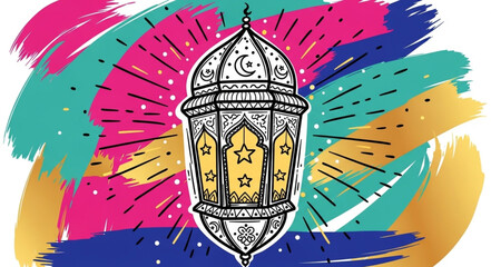 Ramadan lantern with colorful abstract background and starburst. © Homsul