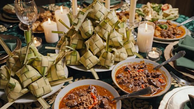 Elaborate festive Eid al-Fitr table setting with a pyramid of ketupat and various traditional Indonesian dishes, surrounded by warm candles, creating a joyous atmosphere.