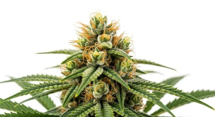 Macro shot of a cannabis bud with vibrant green leaves and orange pistils, white background