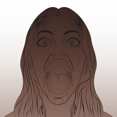 Horror Illustration of Screaming Woman with Monstrous Mouth and Cracked Skin