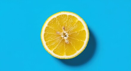 Overhead view of a halved citrus fruit, with bright yellow pulp, on a turquoise background