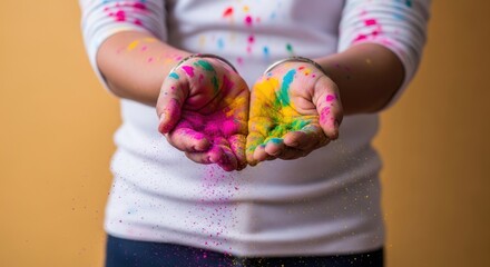 Person holds out hands, palms up, filled with colorful powder, some spilling out