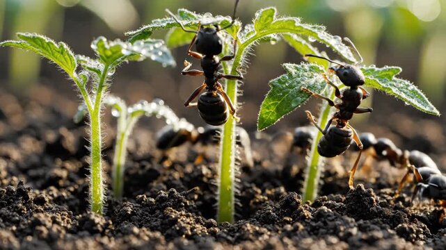 Ant on dewy plant seedling in morning light