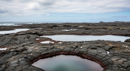 Rocky coastline featuring tide pools with a distant ocean and cloudy sky