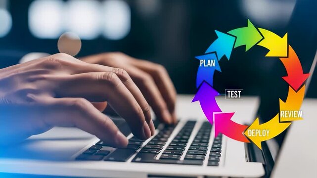 Agile development process with plan design develop test deploy cycle for software project management on laptop computer.