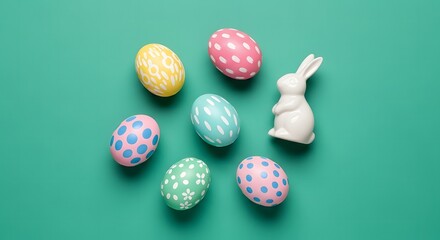 Pastel Easter Eggs with White Bunny Figure on Green Background Minimal Spring Holiday Composition for Greeting Card, Banner and Seasonal Promotion