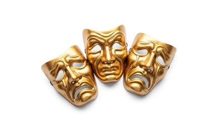 Three golden comedy and tragedy masks, slightly angled, against a bright white background