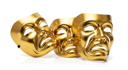Three metallic golden masks, each with a sorrowful expression, isolated on white