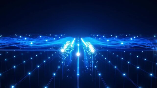 Futuristic blue digital network visualization with glowing data nodes and wave patterns.