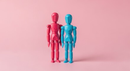 Two mannequin figures, one red, one blue, standing close on a pastel pink background
